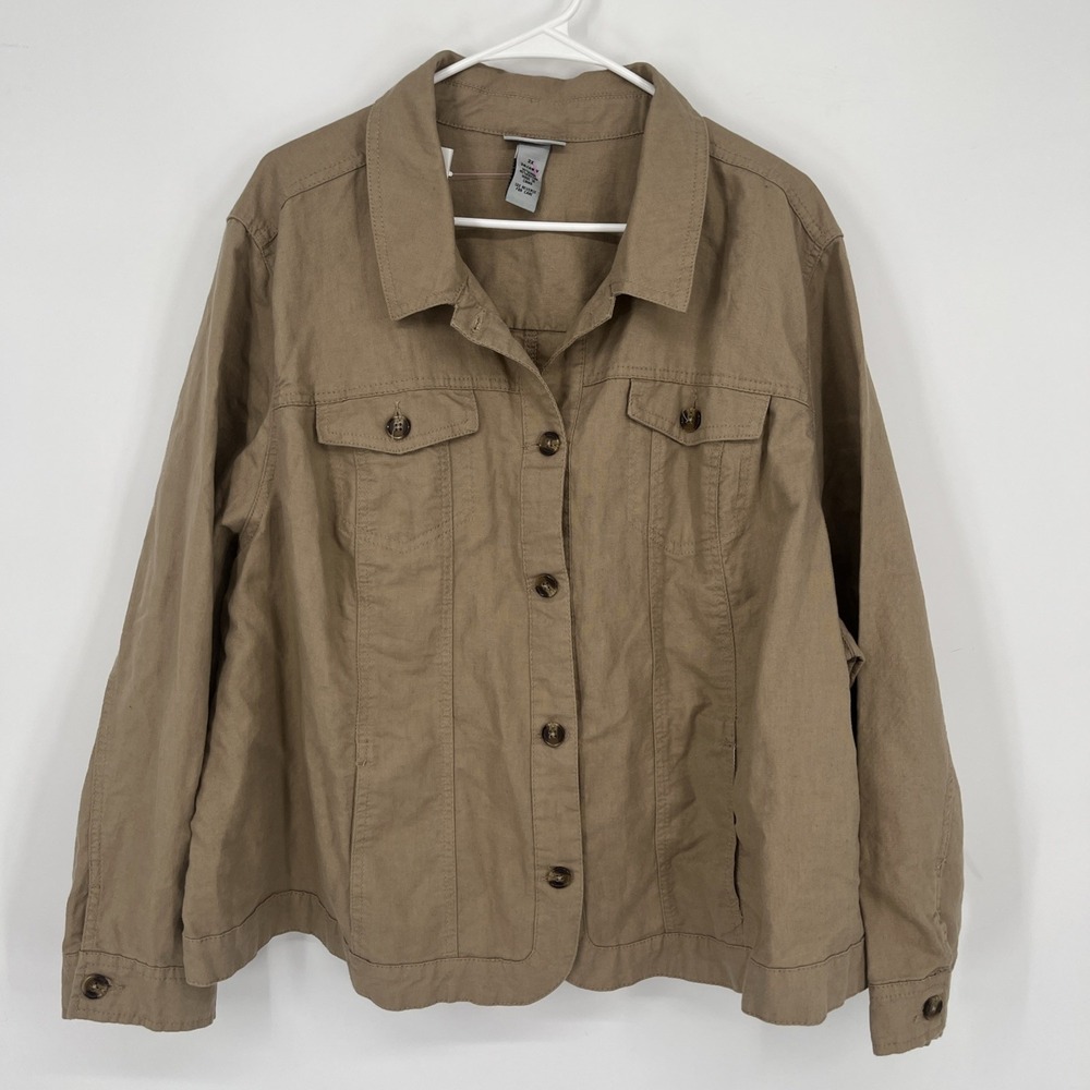 Catherines Linen Cotton Jacket Womens 3X Khaki Button Front Trucker Lightweight
